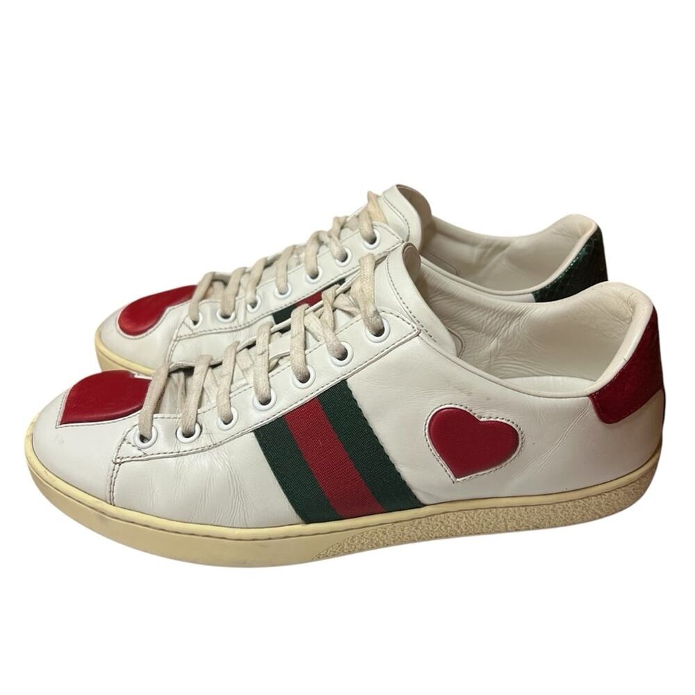 Gucci Ace Hearts Web Stripe Sneakers White Leather Low Top EU 37.5 US 7.5 - Picture 4 of 12